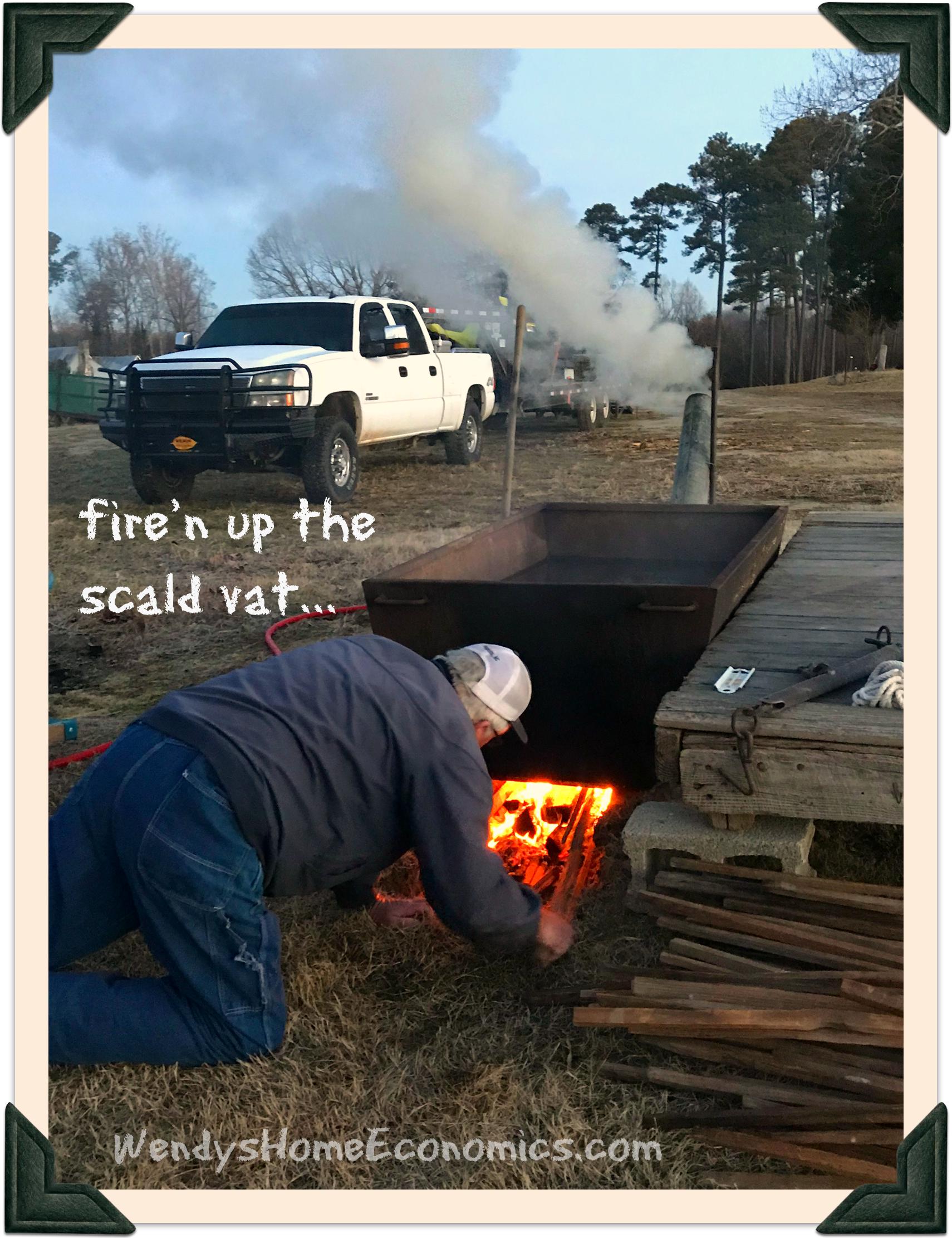 Terry feeding the scalding vat fire...
