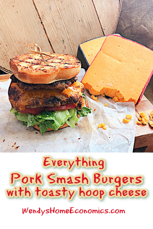 Crunchy Everything Pork smash burgers with toasty hoop cheese on buttery grilled inside out buns