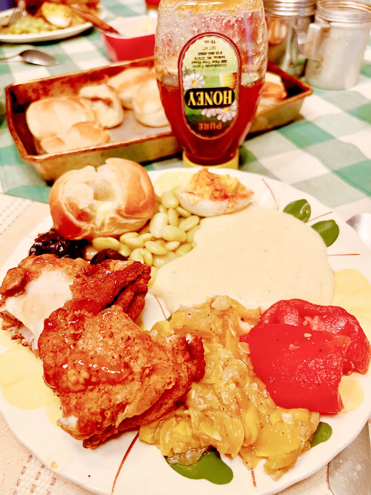 a plate of food with fried chicken